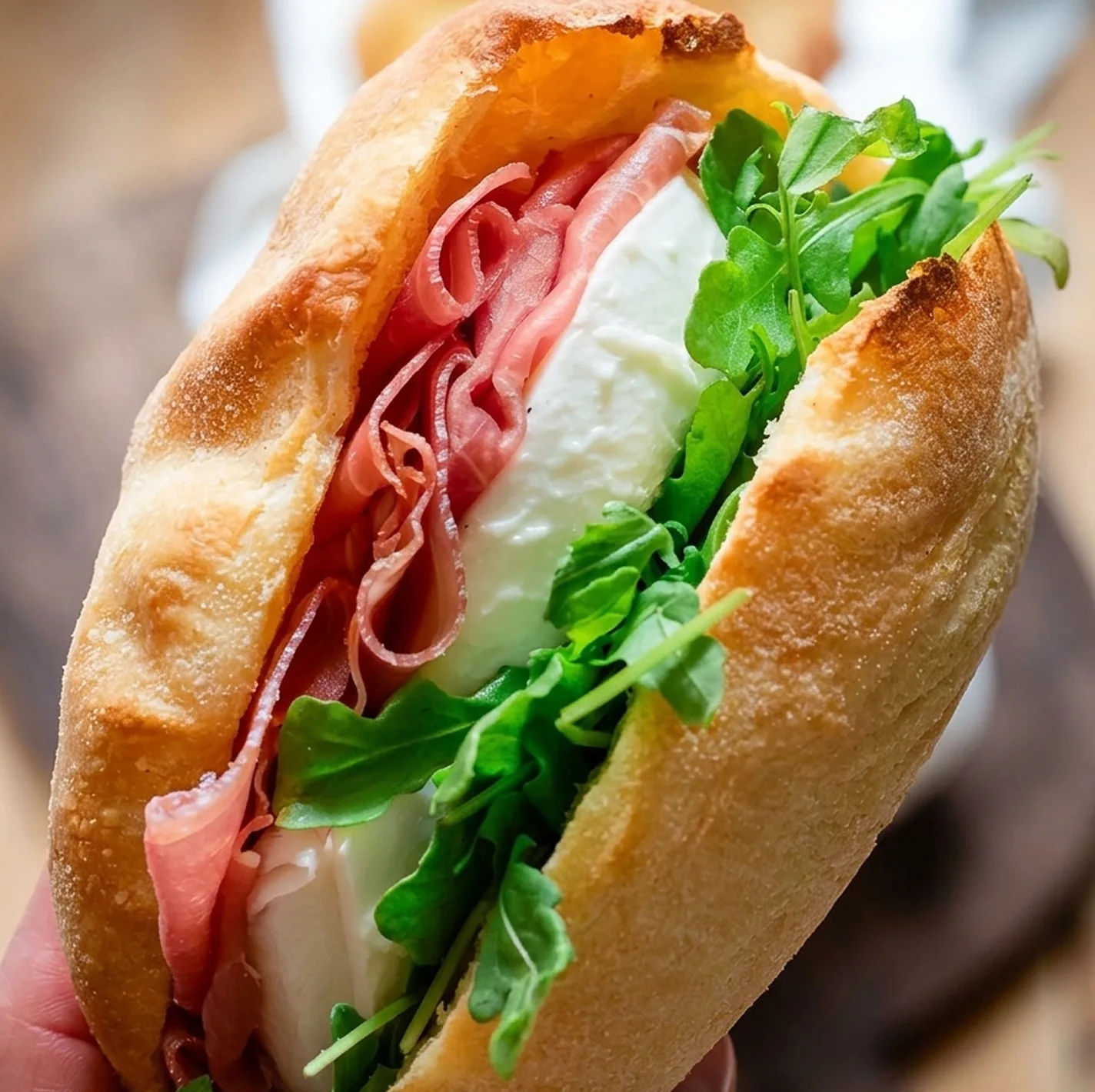 Puccia calda su un tagliere di legno con insalata e pomodorini