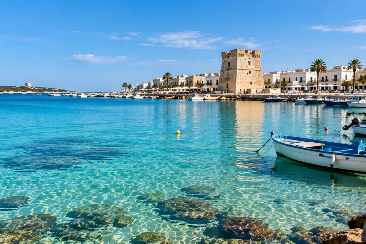Caletta con acqua turchese e barca vista dall'alto