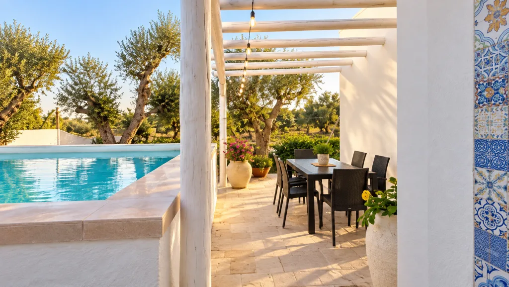 Piscina privata con pergola e tavolo da pranzo esterno