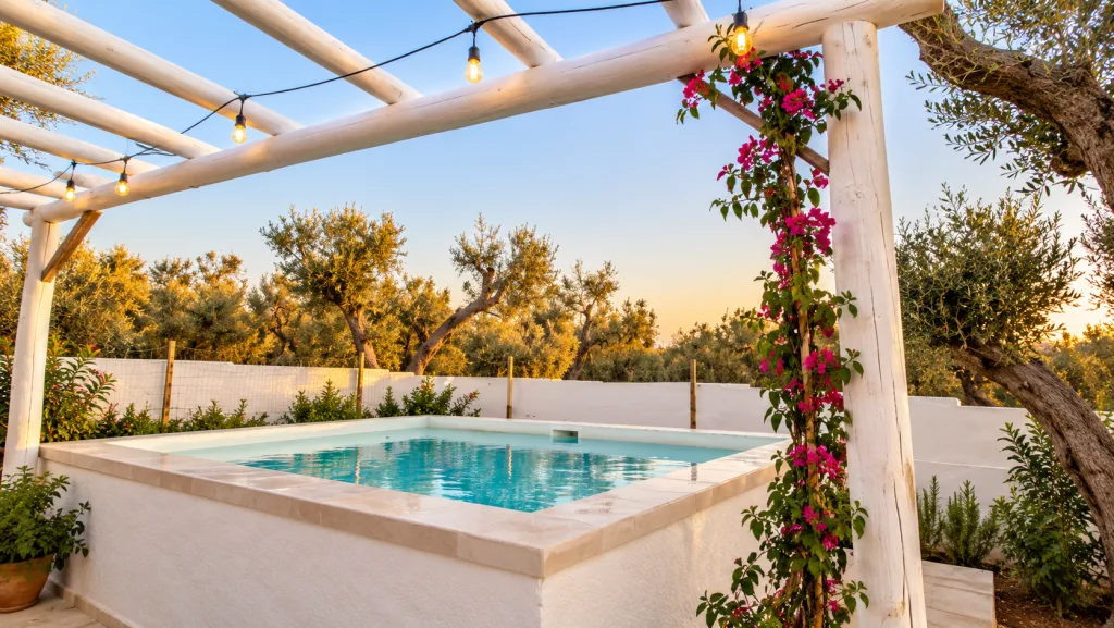 Dettaglio della piscina con bouganville in fiore al tramonto