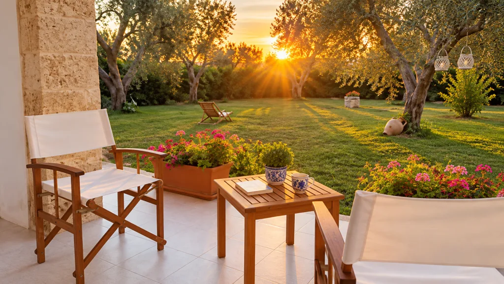 Angolo con poltrone e tavolino al tramonto, vista sul giardino