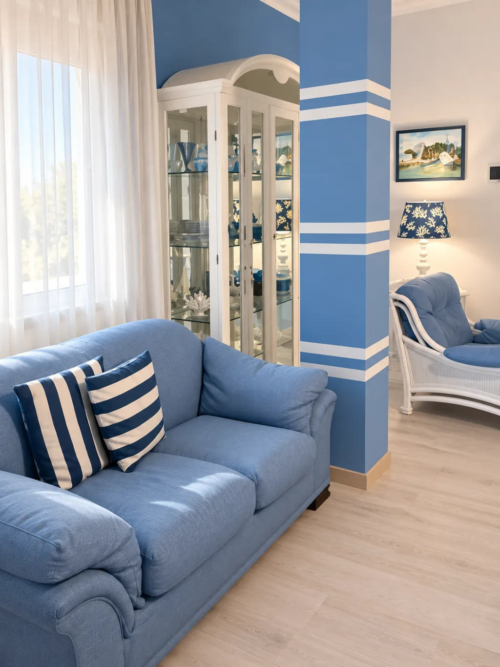 Salotto con divano blu, vetrinetta e poltrona