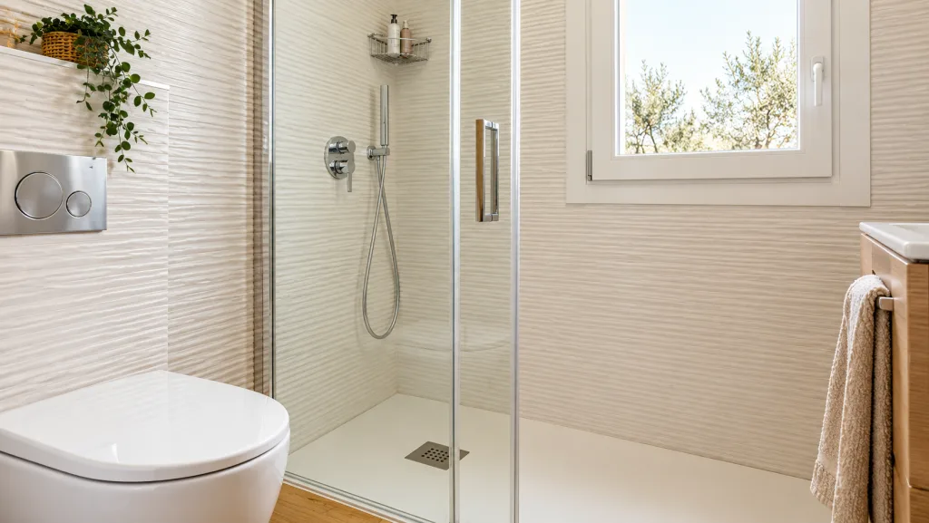 Bagno con box doccia e finestra sul giardino
