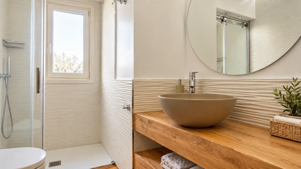 Bagno con lavabo scodella e specchio rotondo