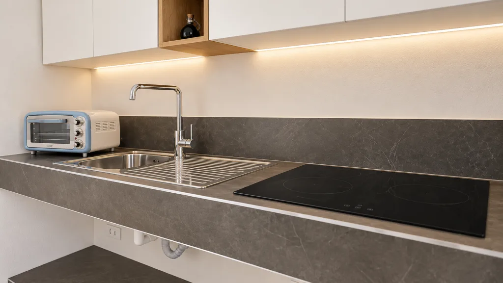 Piano cucina con lavello, piano cottura e forno elettrico