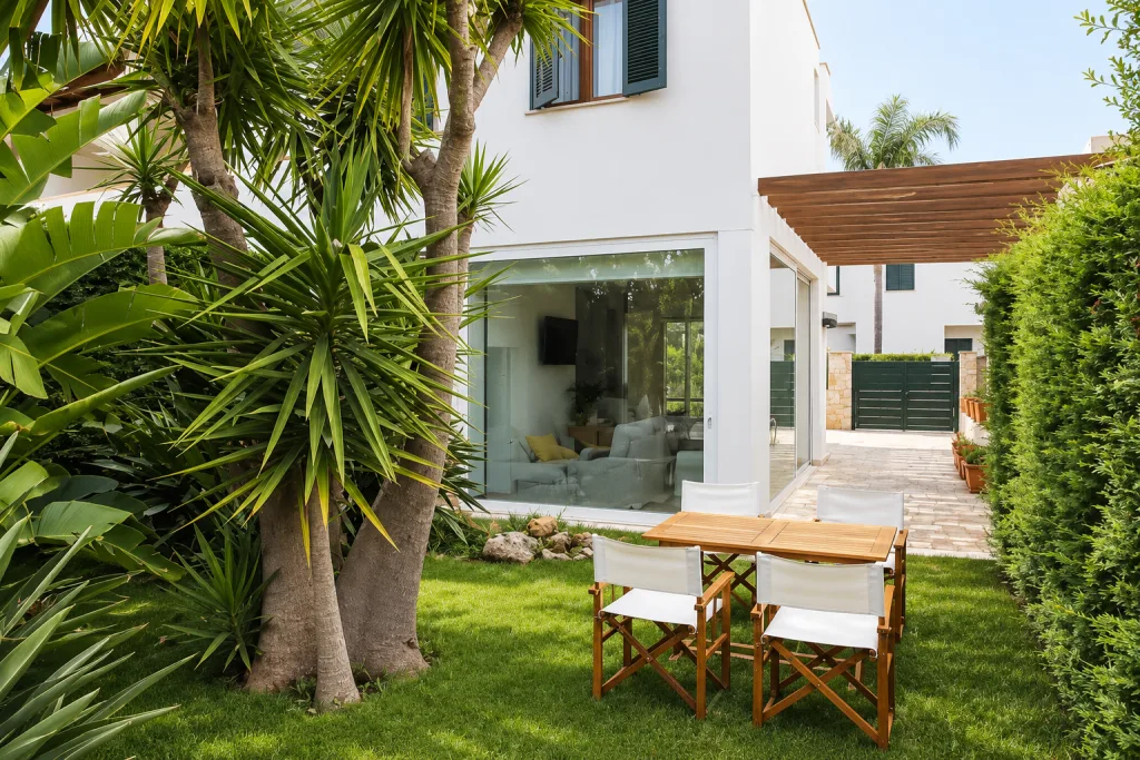 Facciata della villa con pergola in legno e set da pranzo in giardino