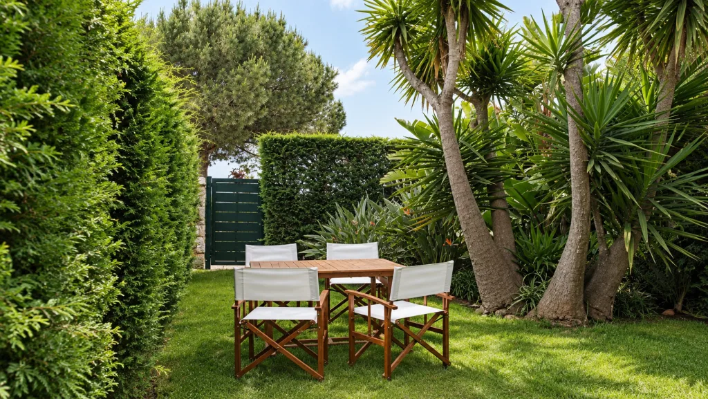 Giardino con tavolo e sedie tra le palme